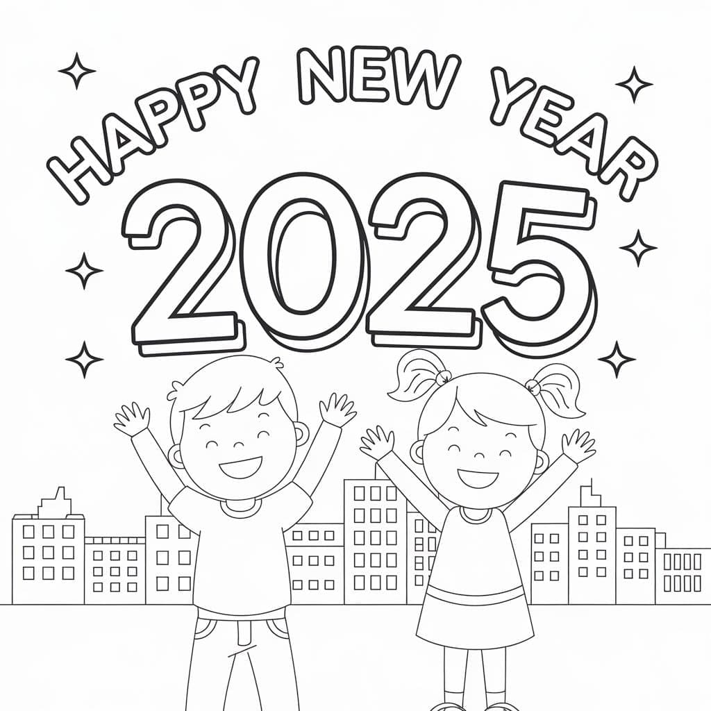 Çocuklar için Ücretsiz Mutlu Yıllar 2025 Boyama Sayfası