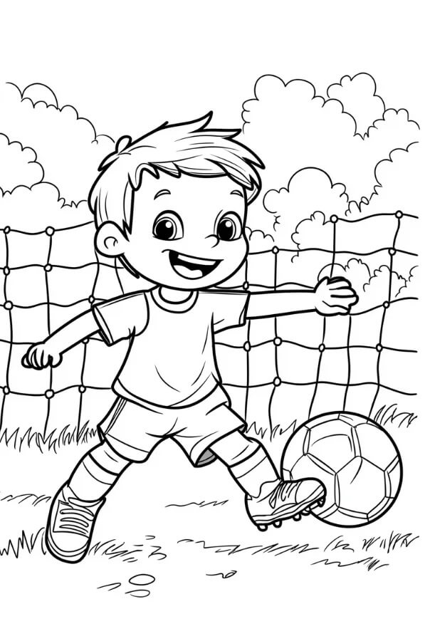 Mutlu çocuk futbol oynuyor Boyama Sayfası