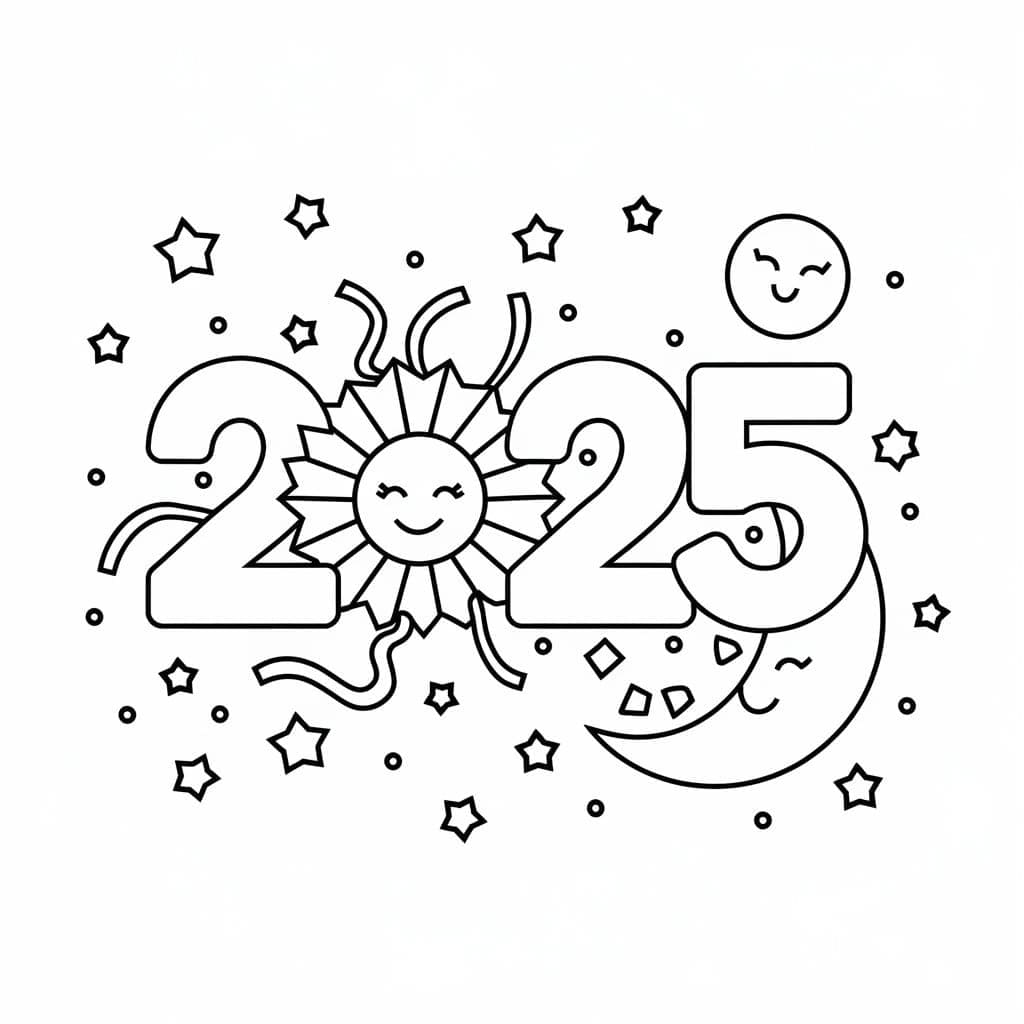 Ücretsiz Yazdırılacak Mutlu Yılbaşı 2025 Boyama Sayfası