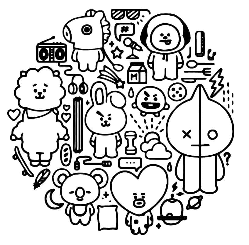 4 Yaş Çocuklar İçin BT21 Boyama Sayfası